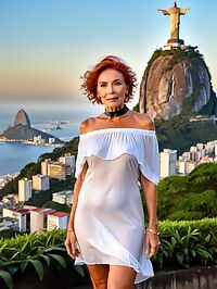 Elderly red haired woman poses seductively on stairs of Christ the Redeemer in twilight
