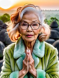 Older woman in green fur coat yoga pants outside Borobudur Indonesia pre dawn hours