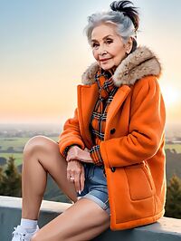 An old woman with grey eyes poses outside an observatory at sunrise